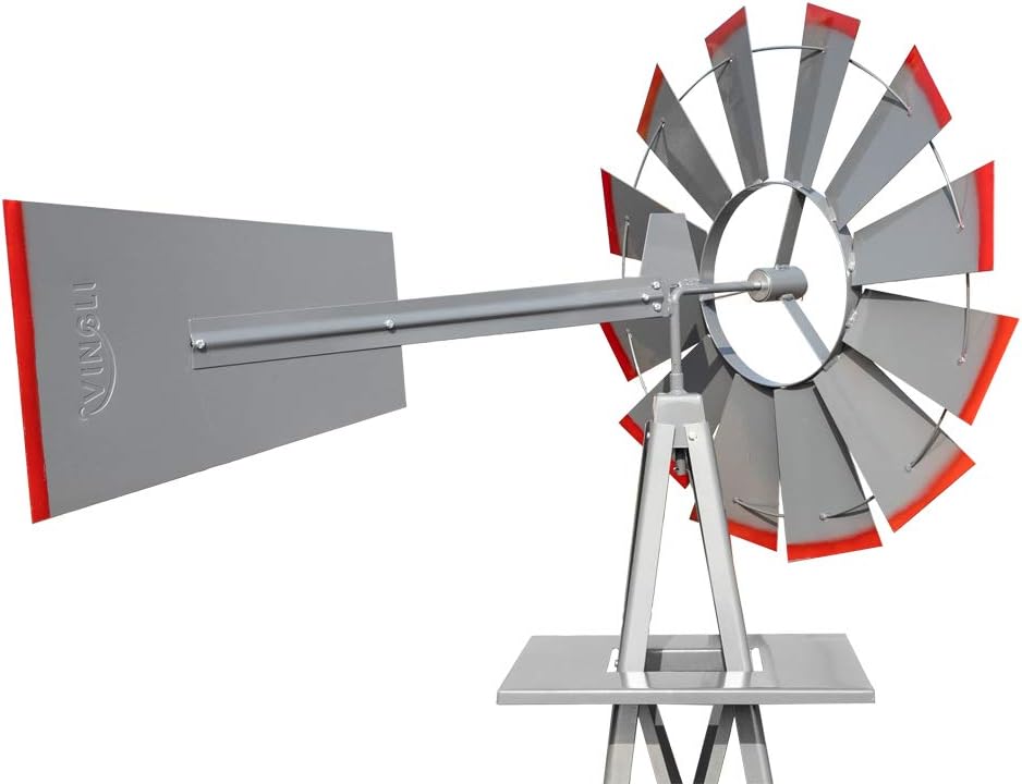 VINGLI 8FT Ornamental Windmill Backyard Garden Decoration Weather Vane, Heavy Duty Metal Wind Mill w/ 4 Legs Design (Grey, 8, Feet, 21.6, Inches, 8.00, Feet, 25.98, Inches, 25.98, Inches)