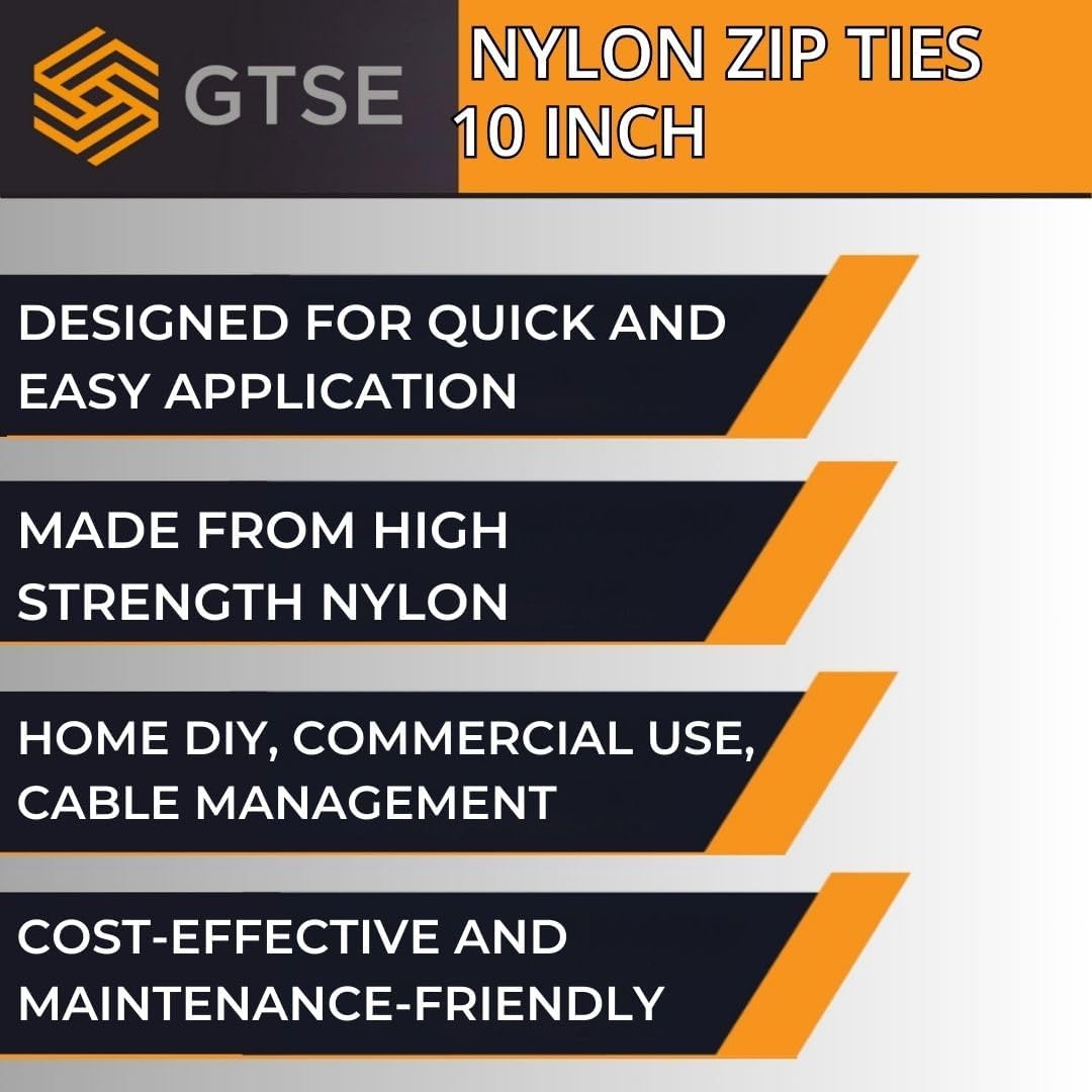 GTSE 10 Inch Black Zip Ties, 100 Pack, 18lb Strength, UV Resistant Long Nylon Cable Ties, Self-Locking 10" Tie Wraps
