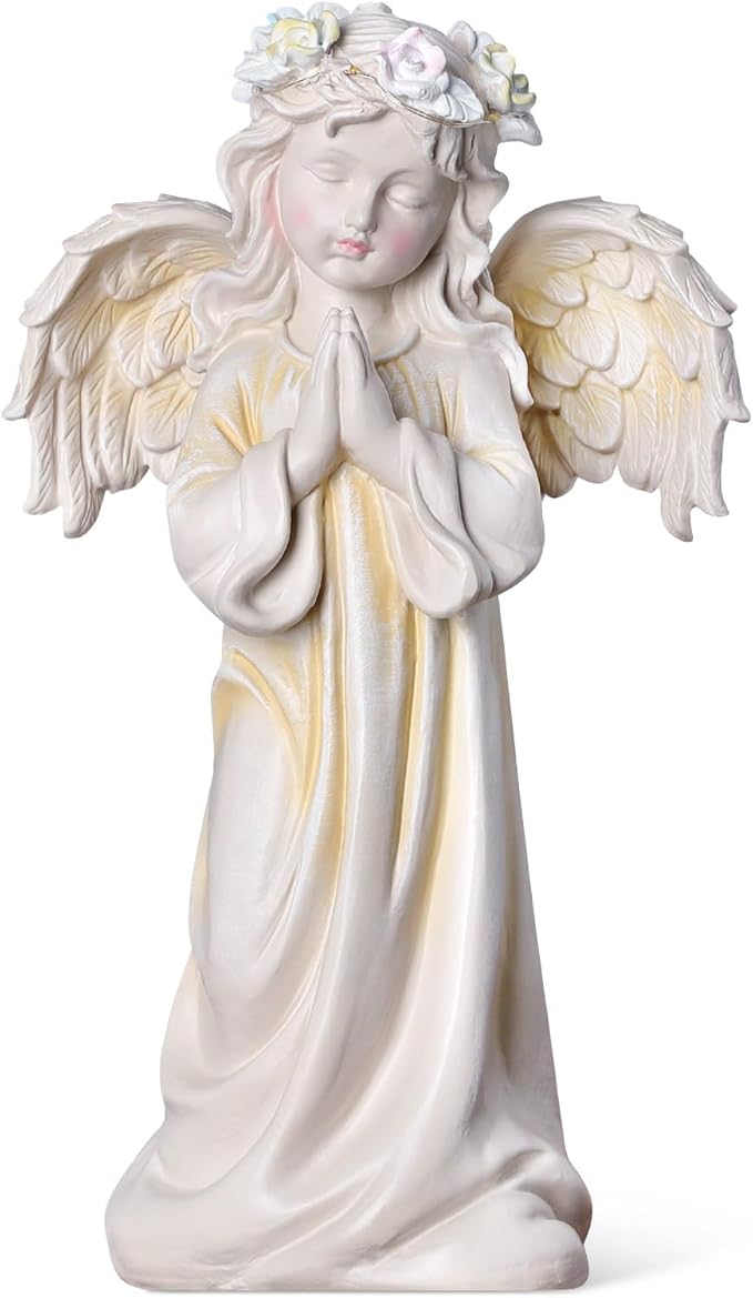 Angel Garden Statue,Memory Guardian Solar Garden Decor with Warm Light,Waterproof Outdoor Garden Decor Praying Angel Figurine Sculpture for Lawn Yard Patio,Sympathy Gift,White