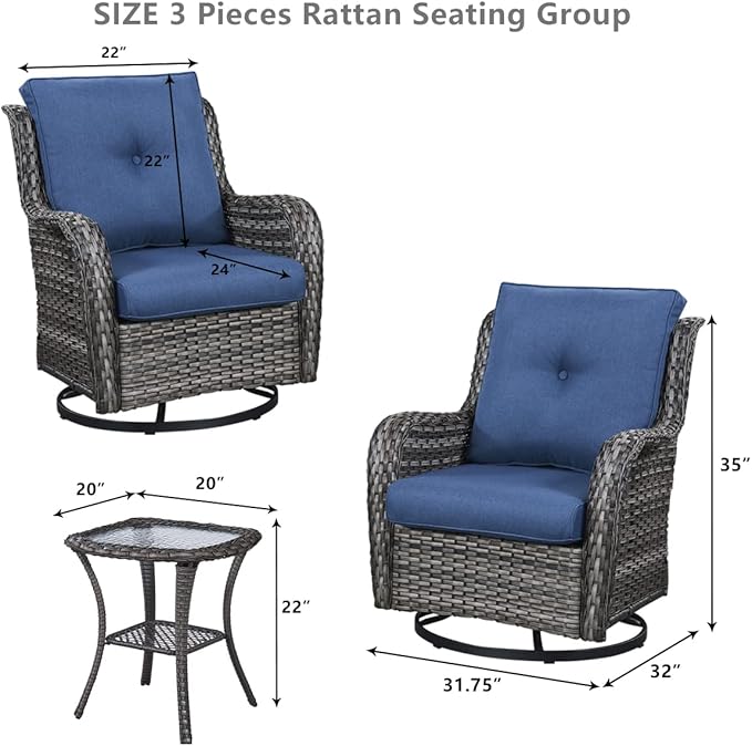 HUMMUH 5 Piece Outdoor Patio Furniture Set Wicker Conversation Bistro Set Swivel Rocking Chairs with Side Table and Ottomans for Backyard, Porch, Balcony