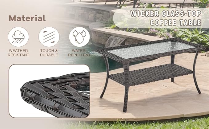 Swivel Patio Chairs sofa Set of 5 with 6" Thick Cushion - Wicker Outdoor Swivel Rocker Patio Chair ,Sofa/Glass coffee table, High Back Comfortable Outdoor Glider Chairs - Brown Wicker | Beige Cushions