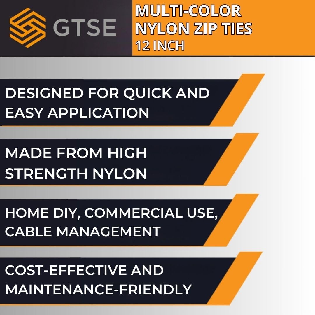 GTSE 12 Inch Colored Ties, 200 Pack, 50lb Strength, UV Resistant Long Nylon Cable Ties, Self-Locking 12" Tie Wraps