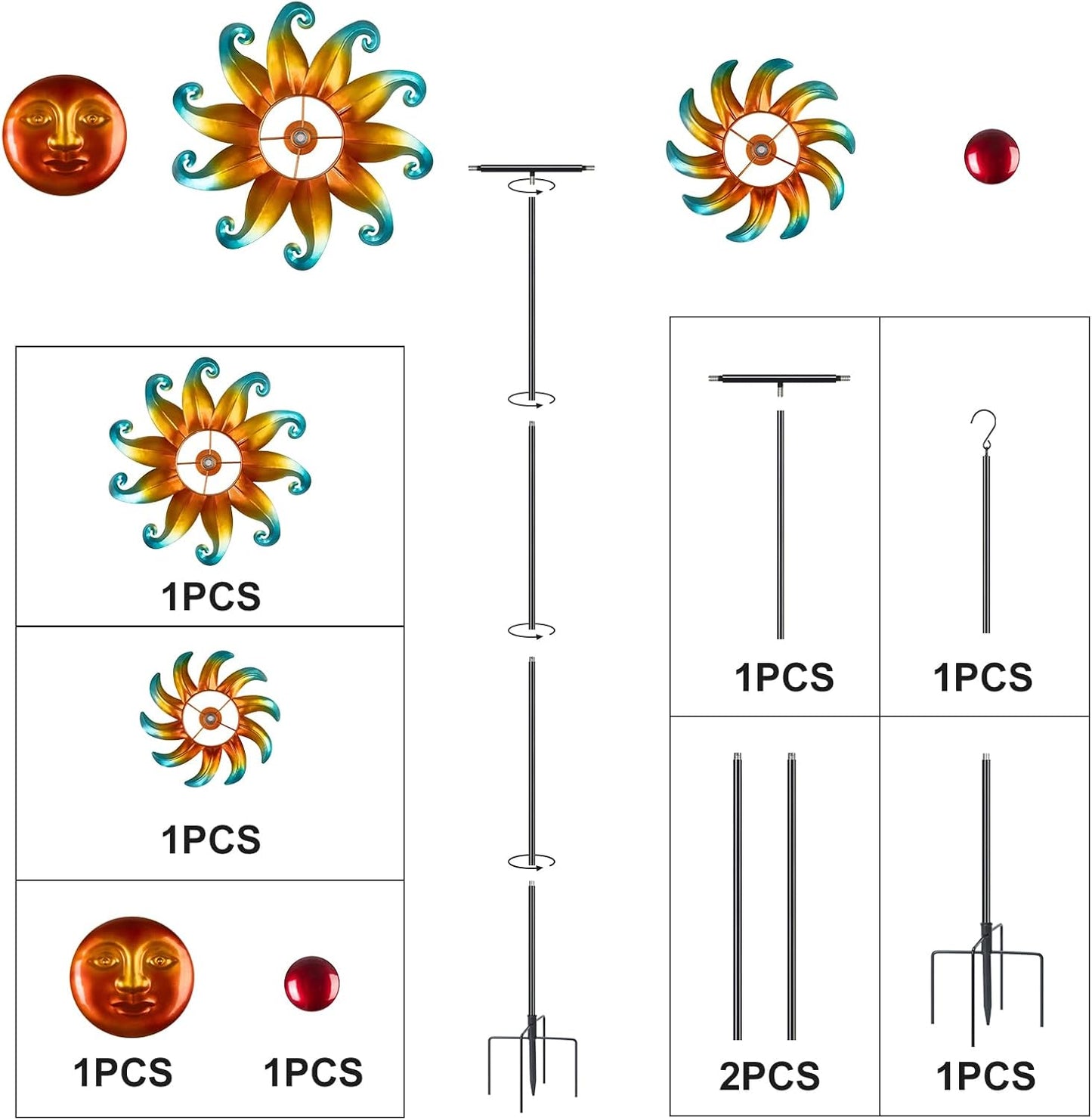 60 Inch Metal Large Wind Spinner with Garden Stake,360 Metal Swivel Outdoor Wind Sculpture,Sun Metal Windmill Decorations Gifts for Women Grandma Birthday Mothers Day