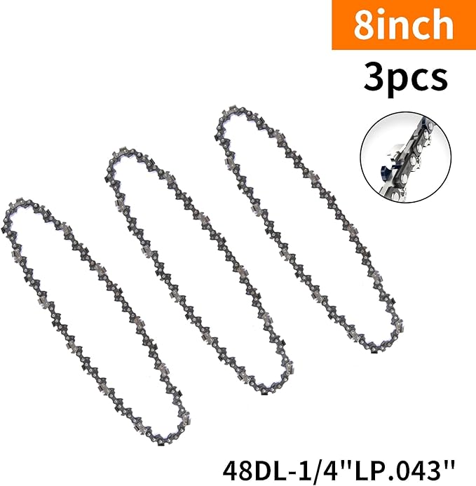 3Pcs 8 Inch Mini Chainsaw Chain, 1/4" LP Pitch .043" Gauge 48 Drive Links, Replacement Chains for Portable Mini Chainsaw, Guide Saw Chain for Chainsaws (8"-48DL-1/4"LP .043"-3pcs)