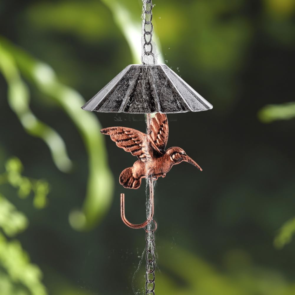 9.54 FT Rain Chain, Umbrella-Shaped Rain Chain for Outside with 10 Cups & Hummingbird Decor, Adjustable Rain Catcher Chain for Gutters, Eaves, Drainage, Replacement for Downpout