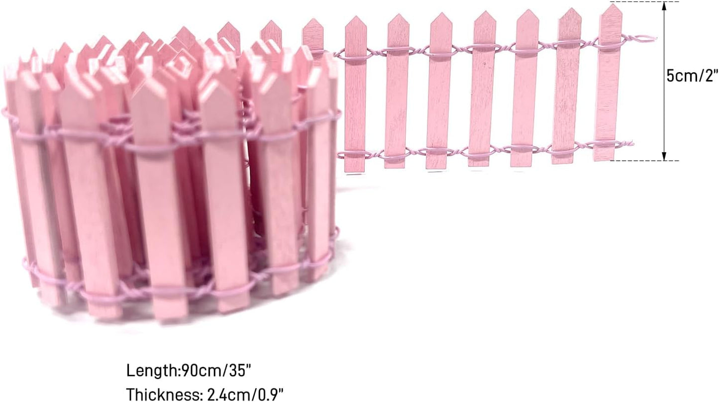 35 Inches Mini Fairy Garden Fence DIY Small Wood Decorative Picket Fence Micro Landscape Miniature Ornaments for Dollhouse, Crafts, Diorama Project, Plant Pot, Pink
