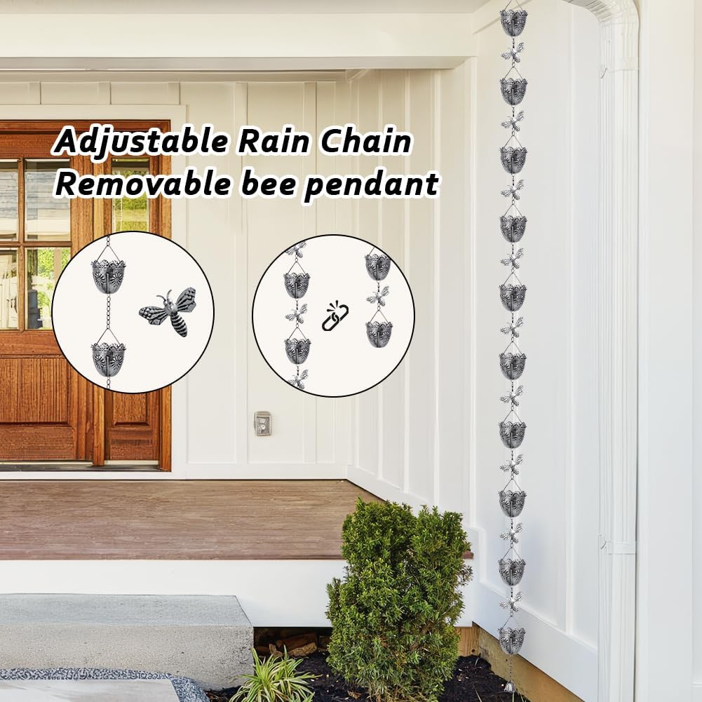 7.8 FT Rain Chain, Metal Rain Gutter Chains with 10 Cups & Detachable Bees Decor, Adjustable Rain Catcher Chain with Bell for Eaves Drainage, Replacement for Downspout