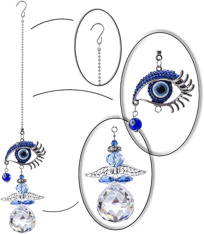 YU FENG Hanging Crystal Angel Suncatcher Blue Evil Eye Protection and Good Luck Charm Chandelier Lamps Pendant(12.5in)