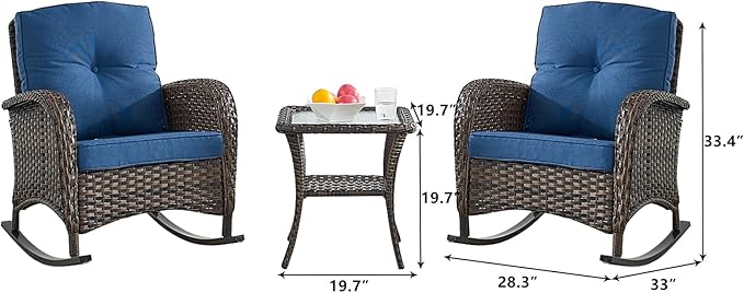 HUMMUH 5 Pieces Wicker Patio Furniture Set,Outdoor Rocker Chairs,Patio Ottomans,Glass Top Side Table,Outdoor Conversation Set for Porch Deck Backyard Poolside