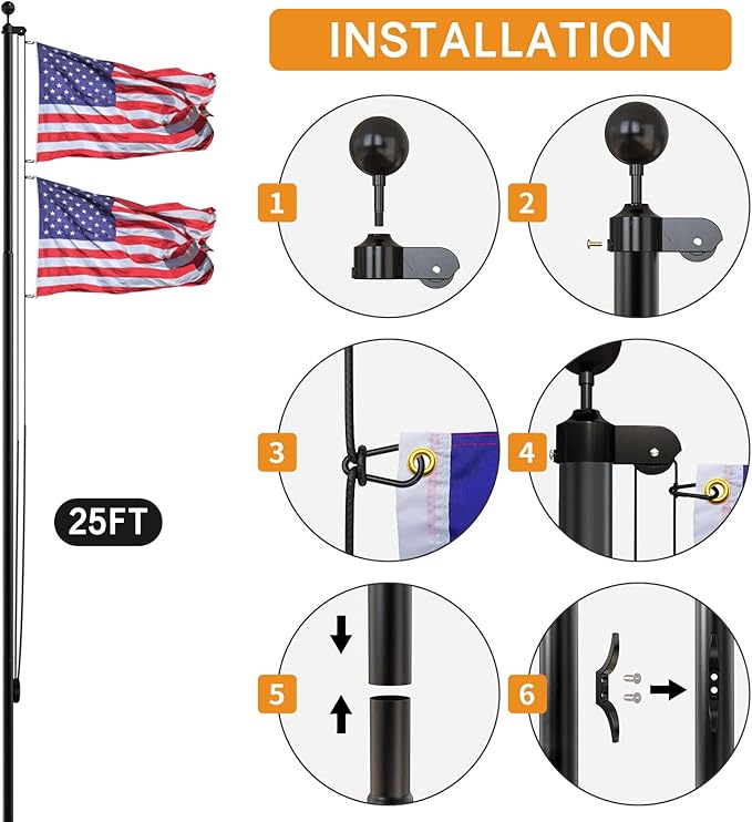 NELXINJO 25FT Sectional Flag Pole Kit, Heavy Duty Aluminum Outdoor In-Ground Flagpole, Black Ball Top, 3x5 USA Flag for Residential commercial Outdoor Garden(25FT, Black)