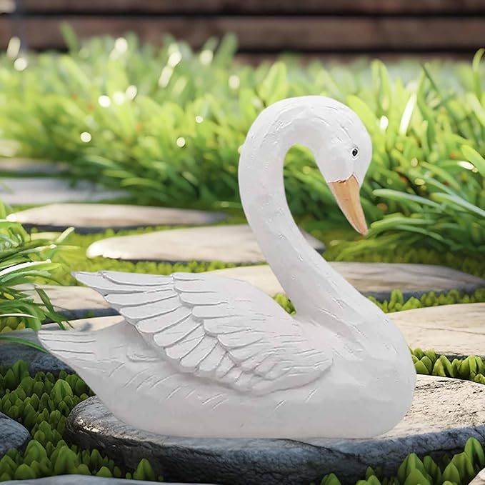White Swan Figurine - Home Decor Exquisite Sculpture Resin,Artistic White Goose Statue Craft for Elegant Outdoor Garden and Yard Decoration, 7.48 Inches