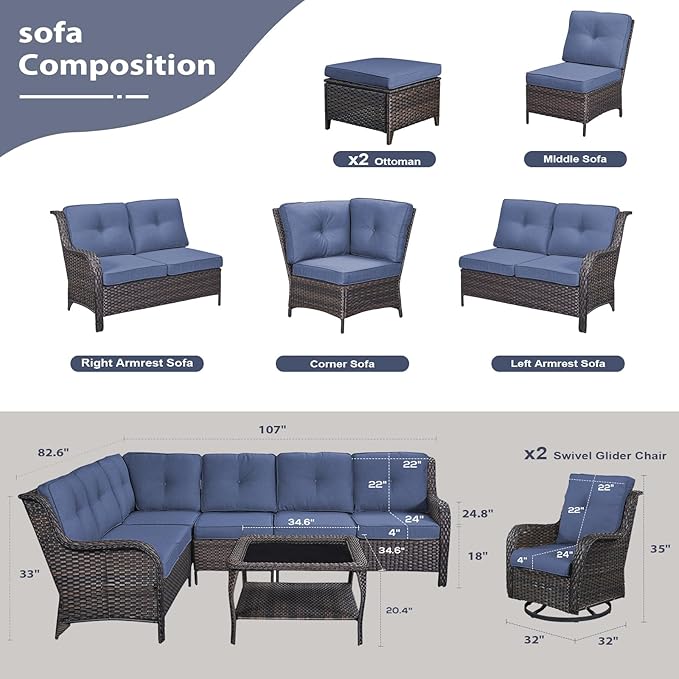 HUMMUH 9 Piece Patio Furniture PE Wikcer Outdoor Furniture Set with Sectional Sofa Swivel Patio Chairs Ottomans and Glass Coffee Table for Yard,Garden,Lawn