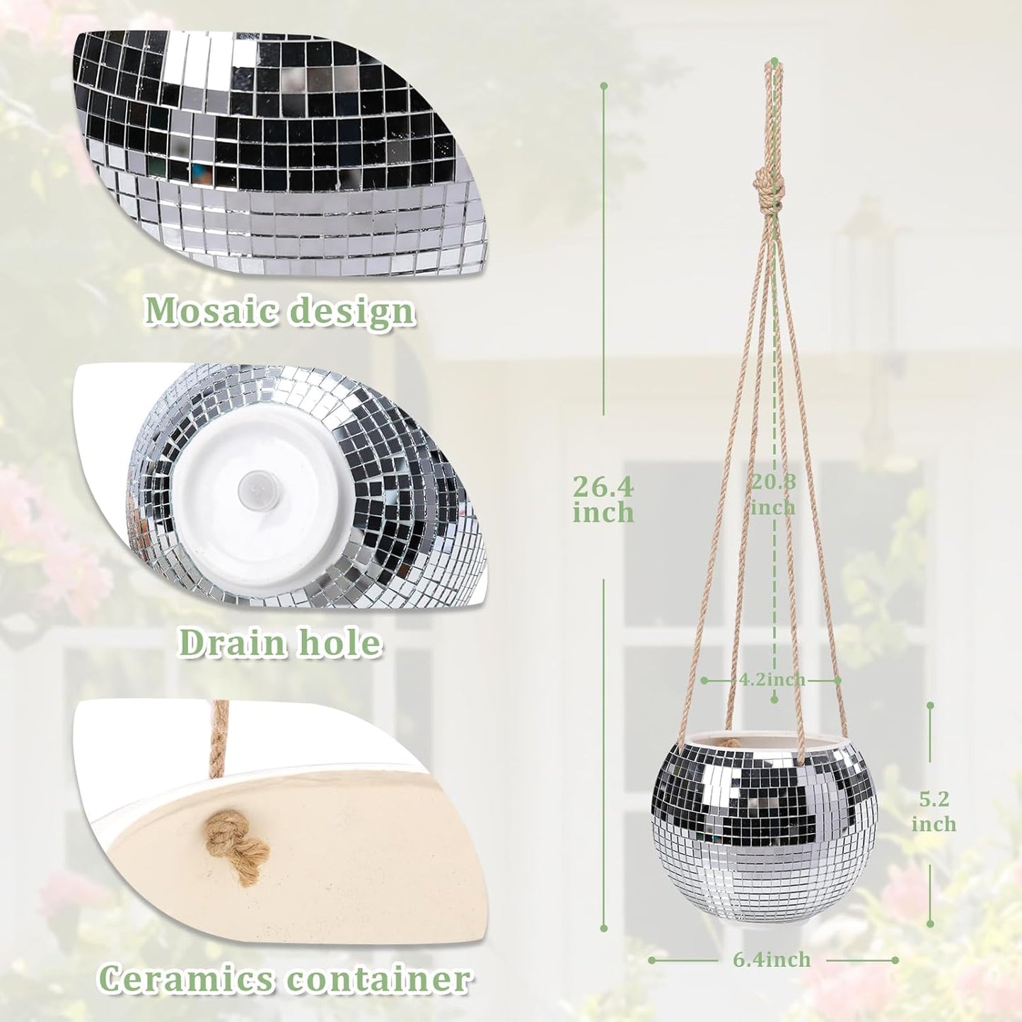 Hanging Planter Mosaic Garden Pot Small Flower Pot for Indoor Plant Disco Ball Hanging Planter with Drainage Sliver Check