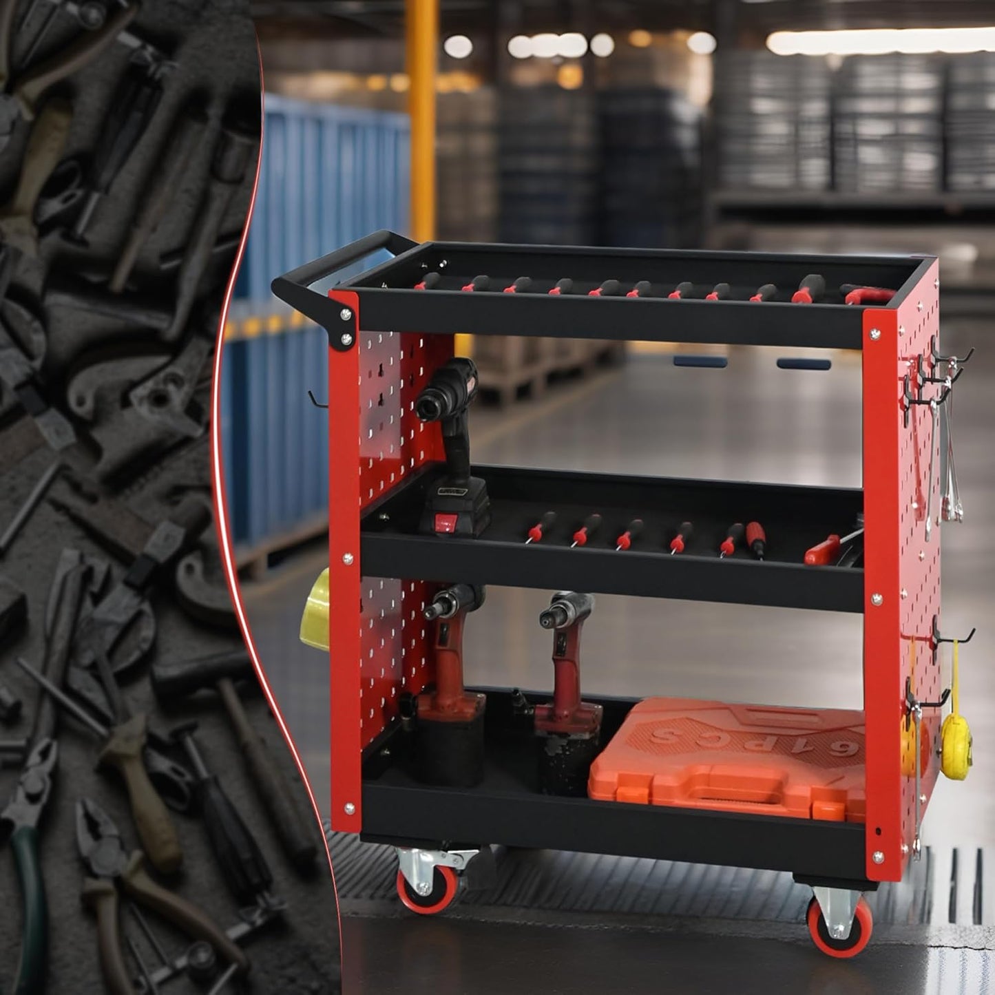 3 Tier Rolling Tool Cart on Wheels, 660LBS Load Capacity Heavy Duty Utility with Pegboard for Repair Shop, Garage, Warehouse, Workshop