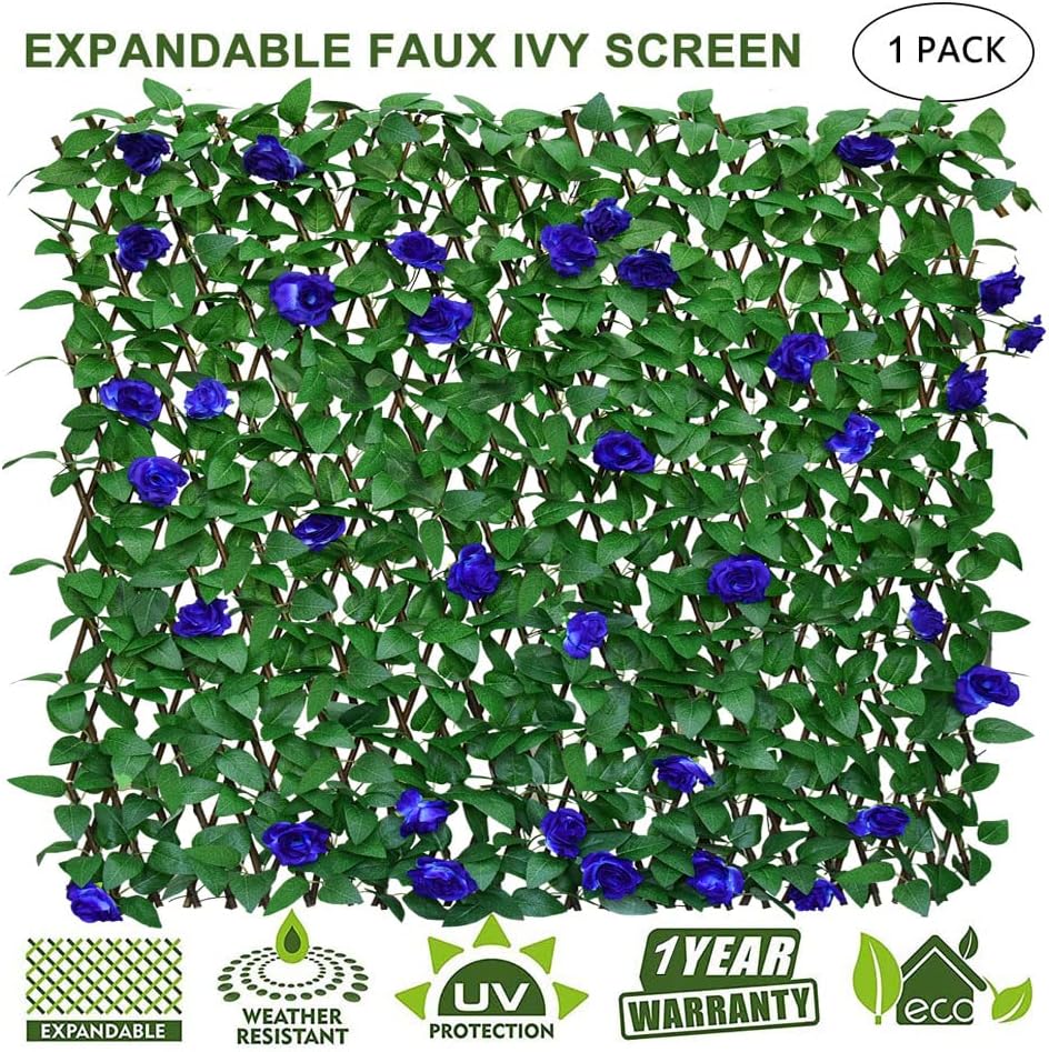 Expandable Fence Privacy Screen for Balcony Patio Outdoor,Decorative Faux Ivy Fencing Panel,Artificial Hedges (Single Sided Leaves) (1, Blue Flowers)