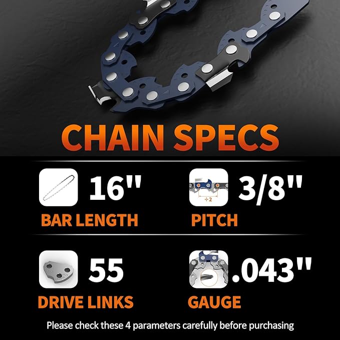 3Pcs 16 Inch Chainsaw Chain, 3/8" LP Pitch .043" Gauge 55 Drive Links,Replacement Chains for Portable Mini Chainsaw, Guide Saw Chain for Chainsaws (16"-55DL-3/8"LP .043"-3pcs)