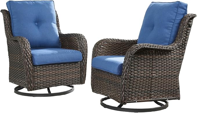HUMMUH Outdoor Swivel Rocker Wicker Patio Chairs Set of 2, Rattan Rocking Chair Furniture Set(Brown,Blue)