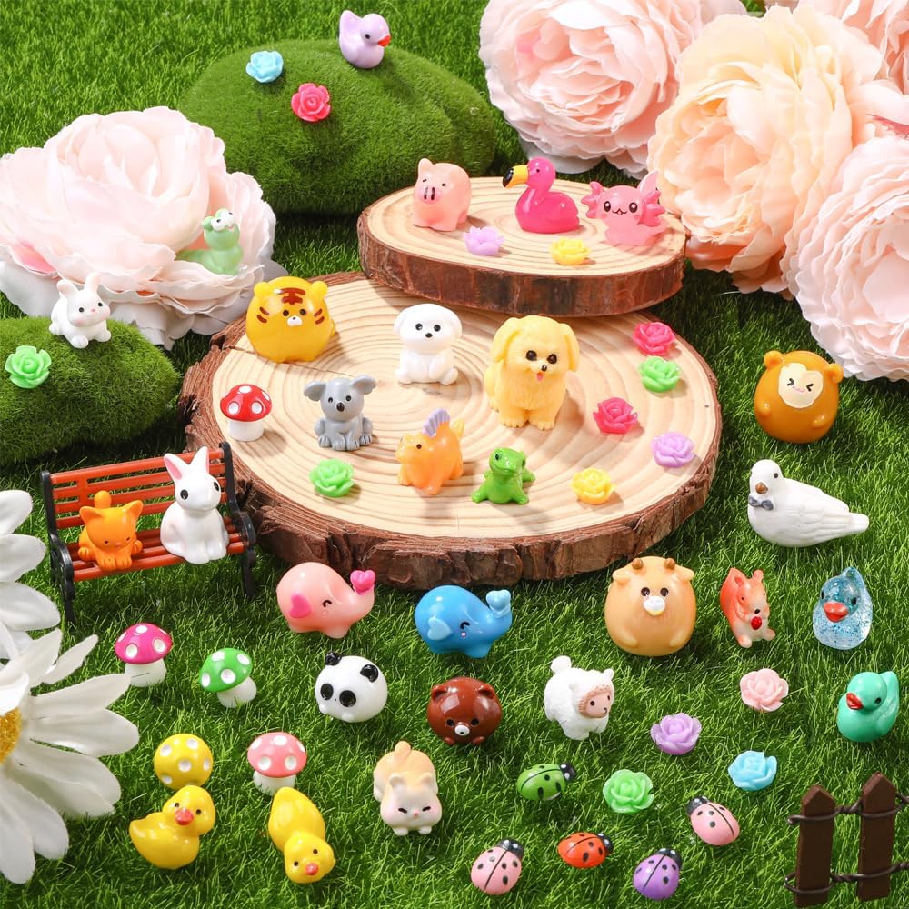 150pcs Mini Resin Animals, Colorful Tiny Small Little Glitter Ducks Mushroom Figures to Hide Miniature Figurines for Dollhouse Micro Landscape Aquarium Decorations DIY Crafts