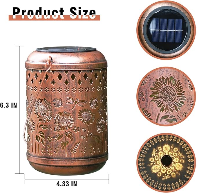 Solar Lanterns Sunflower Dragonfly Butterfly Lights Outdoor Decor Hanging Lantern Waterproof Metal LED Garden Decor Decorative,Yard,Patio,Lawn,Christmas Gifts 1 Pack Bronze