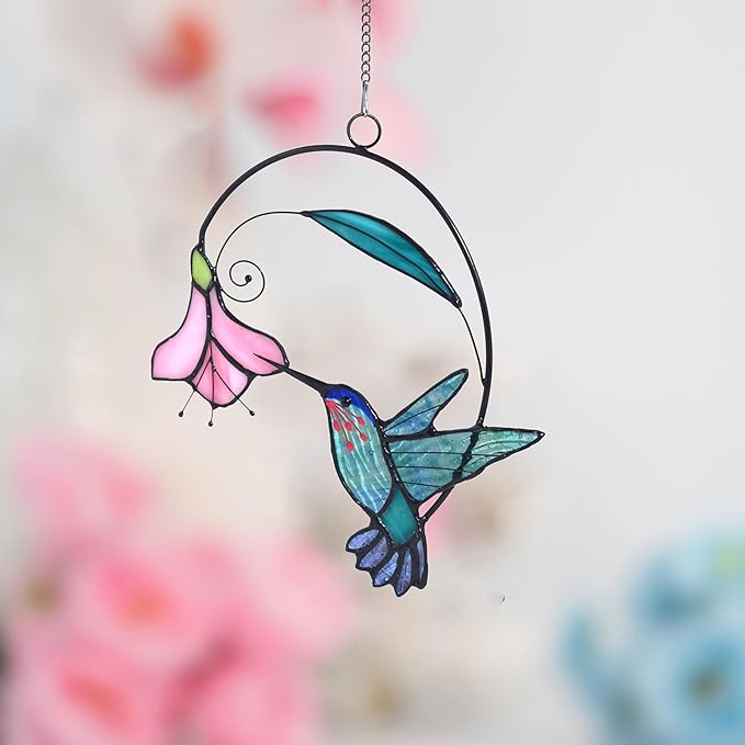 Lolitarcrafts Stained Glass Hummingbird Window Hangings with Flowers, Bird Stained Glass Suncatcher for Window Decor Hummingbird Gifts for Mom,Bird Lovers (Blue with Flower A)