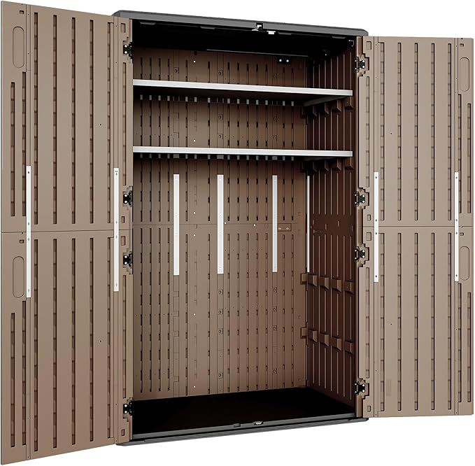 Aoxun Outdoor Storage Shed with 2 Shelves & Floor, 64 Cu.Ft Large Outdoor Storage Cabinet, Waterproof Vertical Resin Shed for Garden Tools, Pool Equipment, Brown