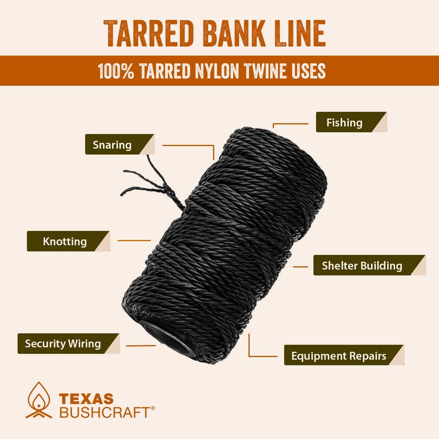 Texas Bushcraft Tarred Bank Line Twine - #36 Black Nylon String for Fishing, Camping and Outdoor Survival – Strong, Weather Resistant Bankline Cordage for Trotline