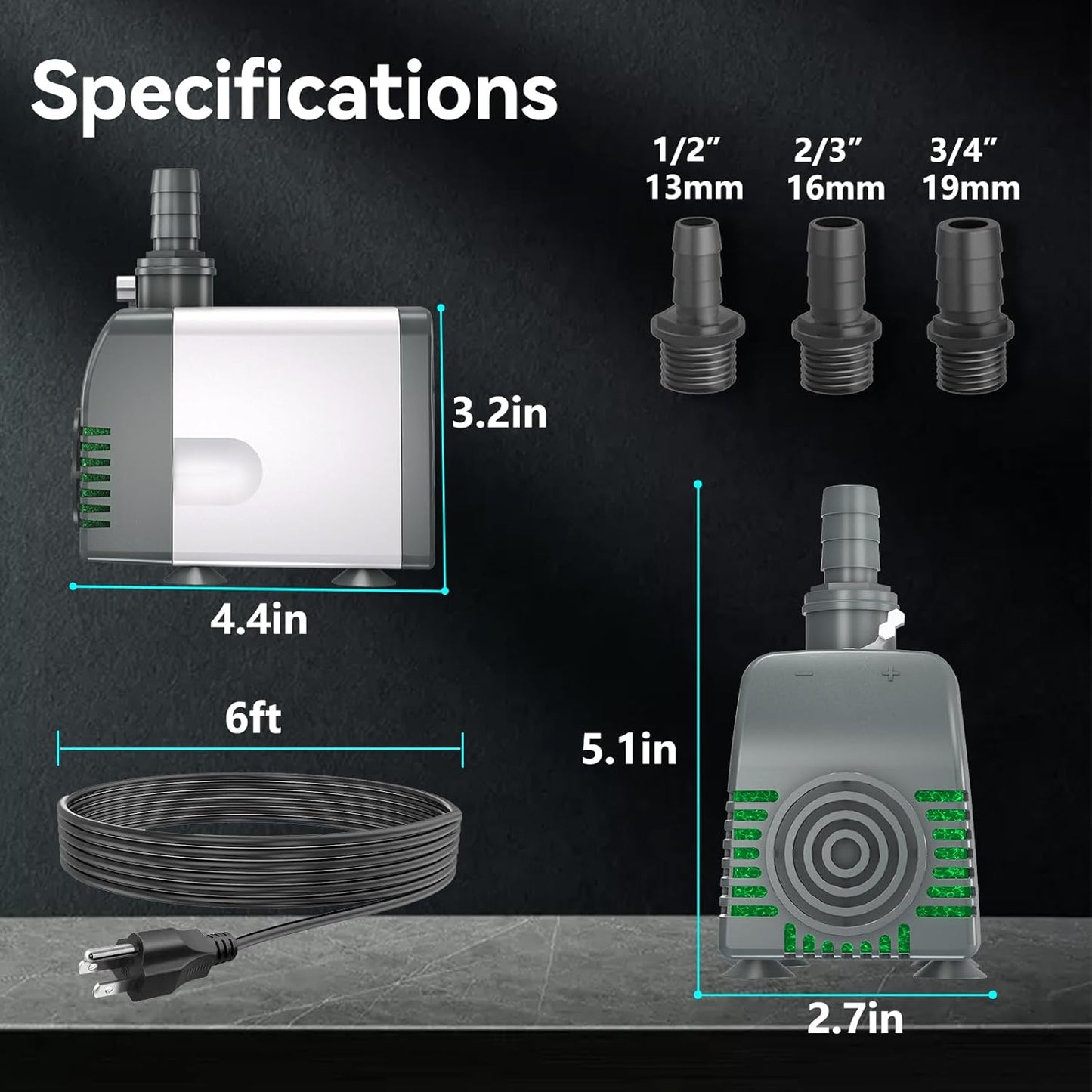 550GPH Submersible Water Pump, Fountain Pumps with Over Heating Protection Adjustable Flow Rate Desin 6.5ft High Lift for Fountains, Hydroponics, Ponds, Aquariums & More