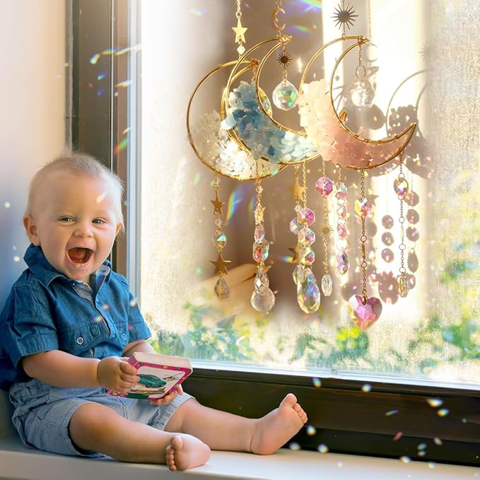 Crystal Suncatcher Hanging Moon Sun Light Catcher with Glass Prisms for Window Natural White Spar Crystal Decor Home Indoor Making Rainbows