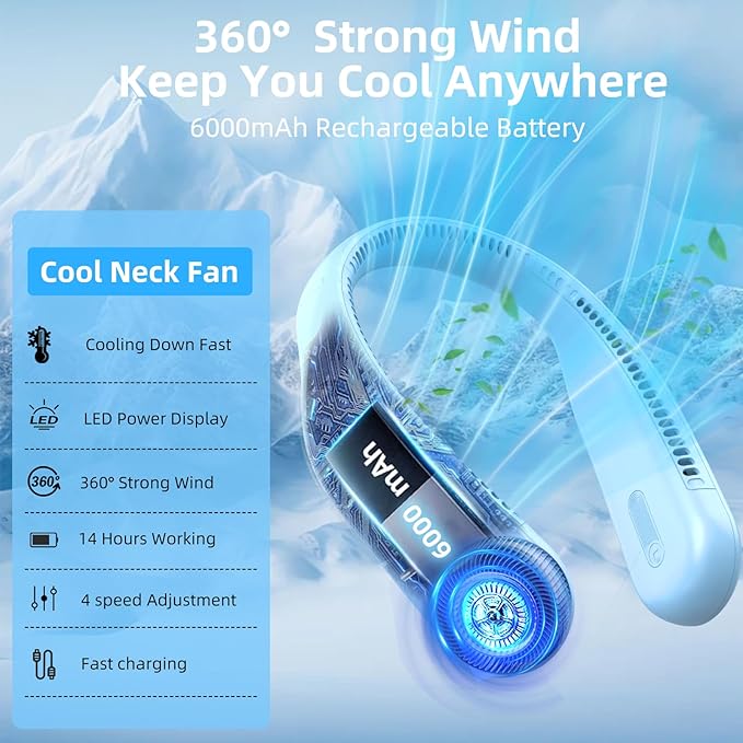 Portable Neck Fan,Hands Free Personal Wearable Bladeless Fan,6000mAh USB Rechargeable,360° Cooling,LED Display,4-Speeds,Birthday Gifts for Men Women Dad Mom,Christmas Gifts (Light blue)