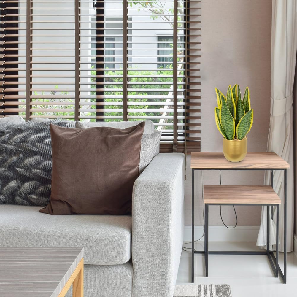 Hollyone Artificial Snake Plant Potted Faux Sansevieria Trifasciata Plants, 13" Tropical Fake Snake Plants in Gold Stainless Steel Metal Pots for Home Office Room Indoor Decor Housewarming Gifts