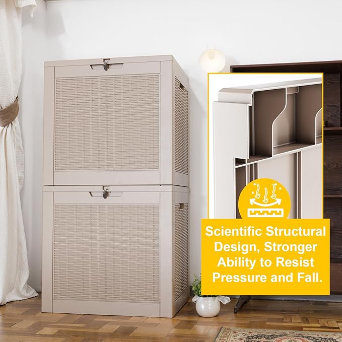 DRATO 31 Gallon Deck Box, Outdoor Storage Box for Patio Cushion, Garden Tools, Waterproof Resin Storage Box (Light Brown)