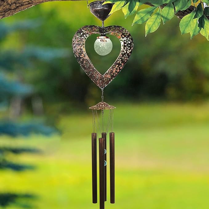 Solar Wind Chimes for Outside Deep Tone Heart LED Crackle Glass Ball LED Decor Light Metal Elegant Hanging Decorations Gifts for Mom Women Yard Porch Birthaday Christmas (Bronze)…