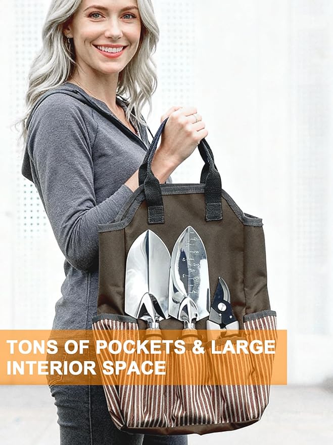 Gardening Tools Set 11 PCS, Heavy Duty Stainless Steel Garden Tool Kit with Large Garden Tote Bag & Apron, Durable, Ergonomic Hand Tool, Ideal Gardening Gift for Women, Men, Mom, Dad