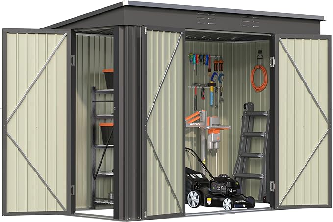 Greesum 8x4FT Outdoor Storage Shed, Metal Shed with Triple Lockable Door, Utility Tool Storaged Garden Shed with Slopping Roof for Patio Storage, Black