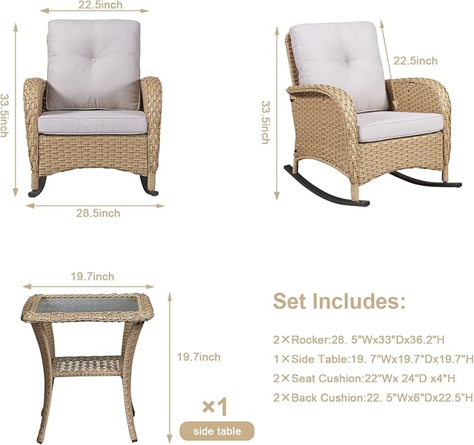 HUMMUH Patio Wicker Rocking Chairs Set of 2 Rattan Outdoor Rocking Chairs for Front Porch Garden Backyard Lawn Balcony Weather Rocker Chair with Side Table