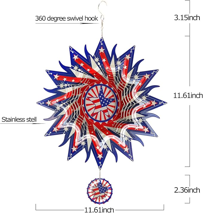 DJUAN 4th of July Decorations,12in American Flag Patriotic Wind Spinner Fourth of July Decor Outdoor,Garden Wind Spinners Patriotic Decor Independence Day Decorations for Yard,Garden,Patio