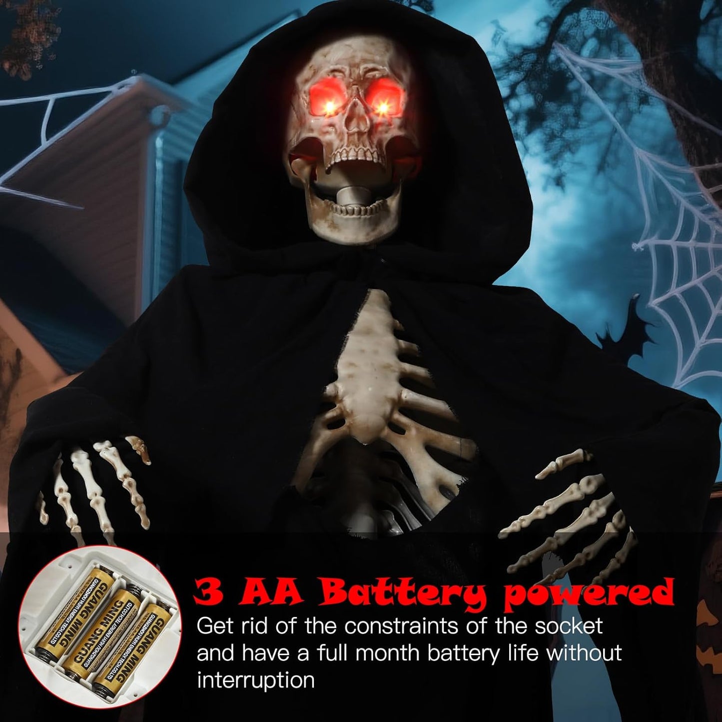 Quntis Halloween Talking Animatronics Outdoor Decoration - 7FT Tall Scary Animated Grim Reaper with Lighted Red Eyes Sound & Touch Activated - Creepy Poseable Skeleton Halloween Graveyard Decor Props