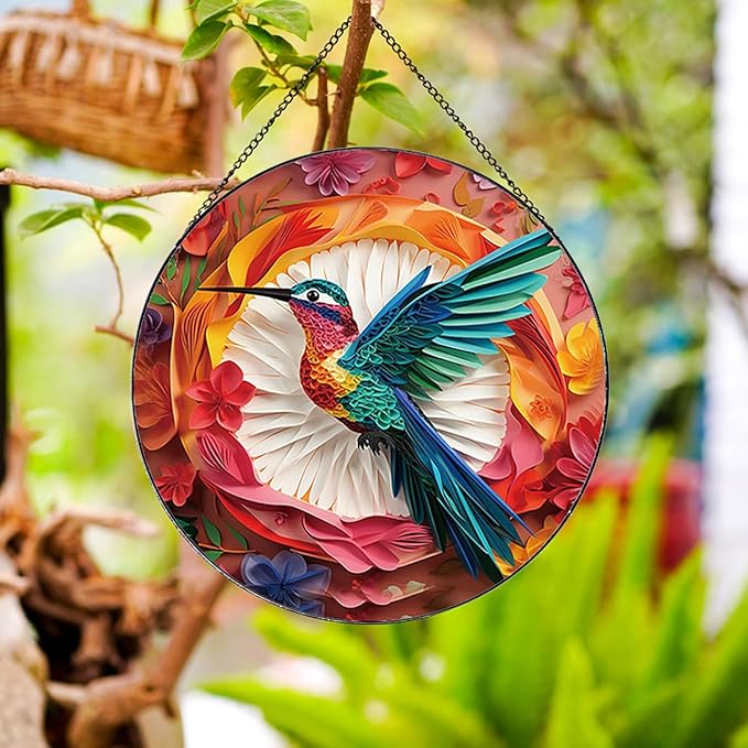 Colored Hummingbirds Pattern Suncatcher Stained Glass,Hanging Stained Glass for Windows,20cm/7.87inch Suncatcher Garden Hangings Painted Glass Panel Decor Halloween Christmas Themed Gift
