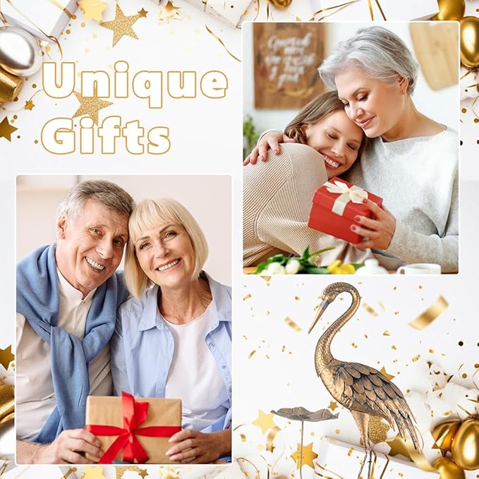 42'' Heron Garden Statue for Outside, Crane Outdoor Statue & Sculpture with Lotus Leaf, Metal Heron Yard Art Decor for Garden, Yard, Lawn, Pond (Gold & Blue)