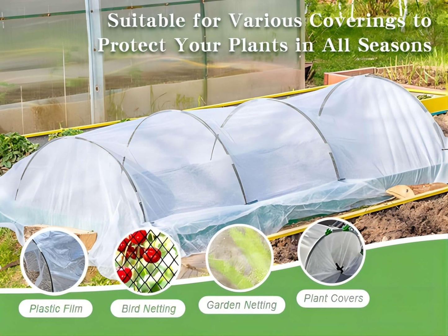 Greenhouse Hoops Grow Tunnel 60 Pcs 16 Inch Up to 12 Sets of 7ft Long Plastic-Coated Rust-Proof Fiberglass Garden Hoops for Raised Beds with 50 Pcs Metal Connect Pipes and 40 Clamps