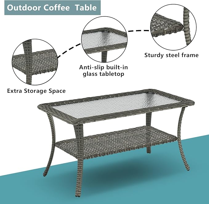 Rilyson Wicker Outdoor Patio Furniture Set - 6 Piece Patio Conversation Sets with Swivel Rocker Chairs, Ottomans, Sofa and Table, 6 inch Cushions, Deep Seating, for Porch Deck Mixed Grey/Grey