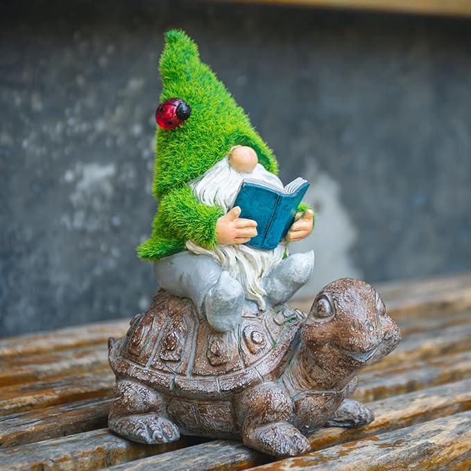 Garden Gnome Sitting on Turtle Outdoor Statues and Sculpture with Solar Lights, Garden Gnome Solar Statues and Turtle Figurines for Patio Yard Lawn Porch Decorations