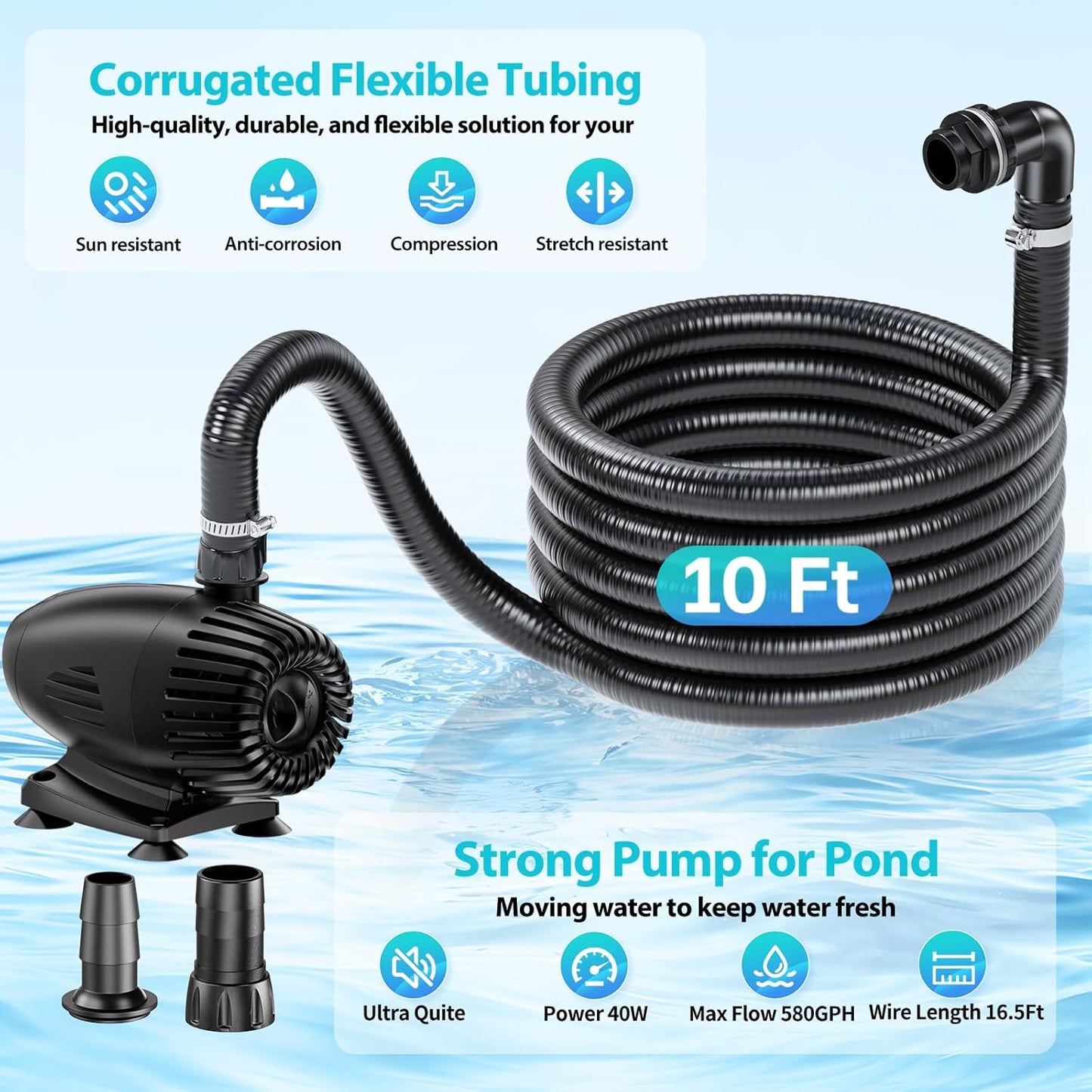 POPOSOAP 70W Solar Pond Waterfall Spillway Kit, 304 Stainless Steel Pondless Waterfall Box with 10FT Corrugated Tubing, 4 Pcs Filter Brushes, 580GPH Solar Powered Water Pump for Garden Ponds