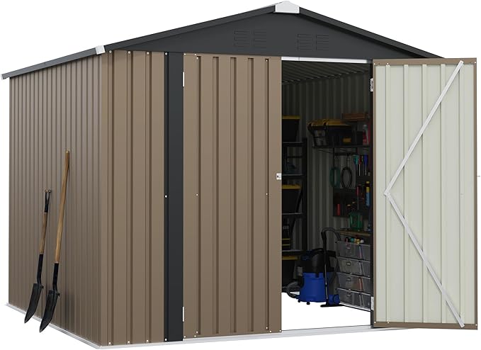 Greesum 8x8FT Outdoor Storage Shed, Utility Tool Shed Metal Storage Garden Shed with Door & Lock for Patio Storage, Brown