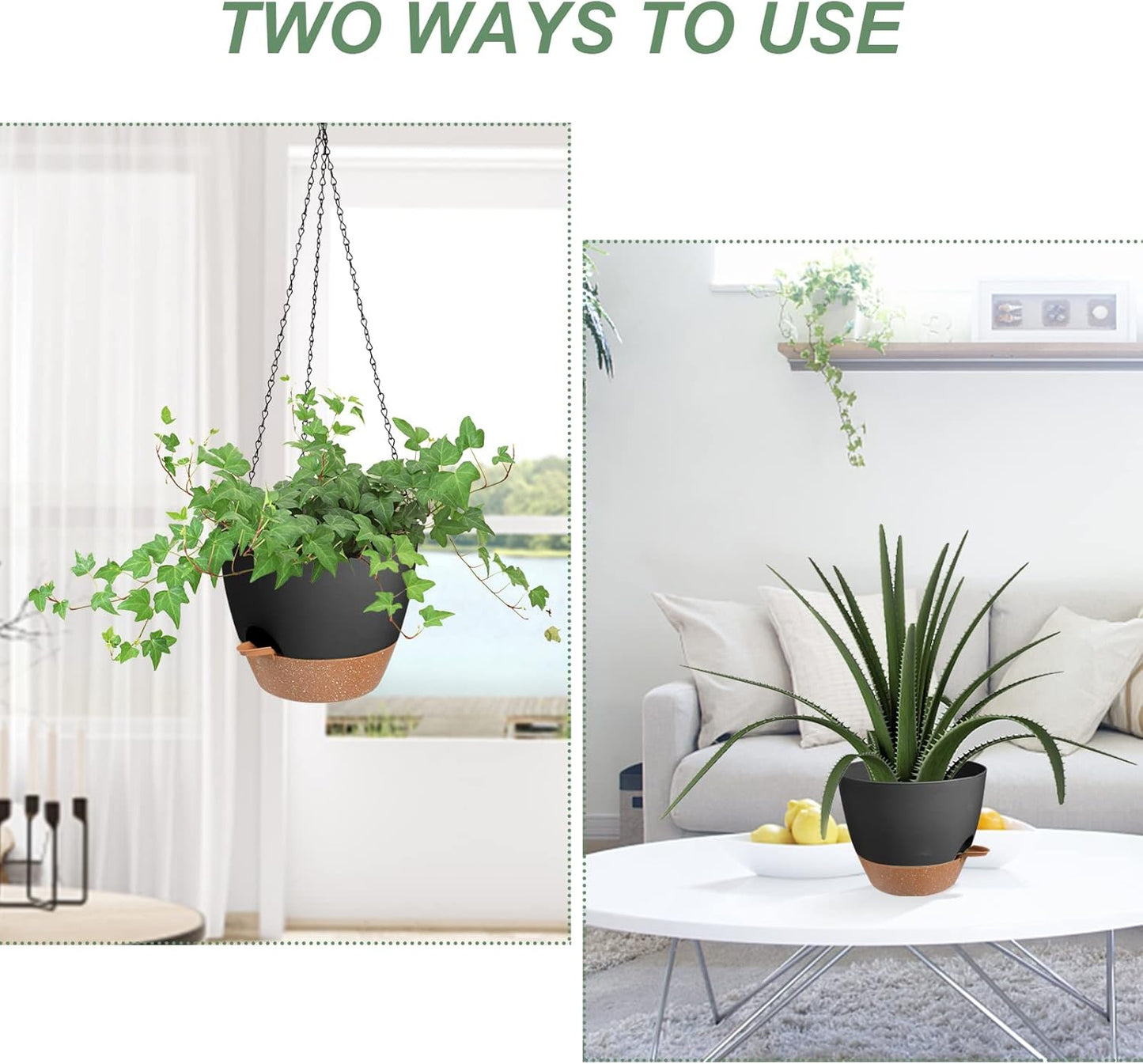 Hanging Planters for Indoor Outdoor Plants, 2 Pack Self Watering Hanging Pot with Drainage Holes & Removable Tray (Black, 6'')