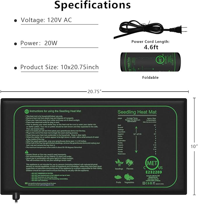 Seedling Heat Mat for Indoor Home Gardening Seed Starting, 10"x 20.75" Plant Heating Pad, Warm Germination Hydroponic MET Certified Waterproof, 21W(2 Count (Pack of 1))