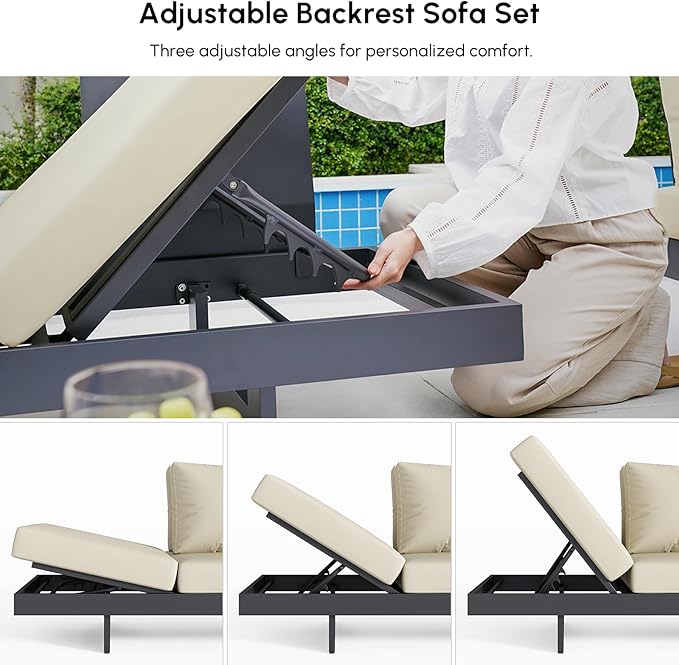 homary 6 Piece Aluminum & Teak Outdoor Sofa Set, Patio Conversation Sets Modular Outdoor Sofa with Covers, Waterproof, Fade Resistant Cushions Ideal for Patios & Balconies, Beige