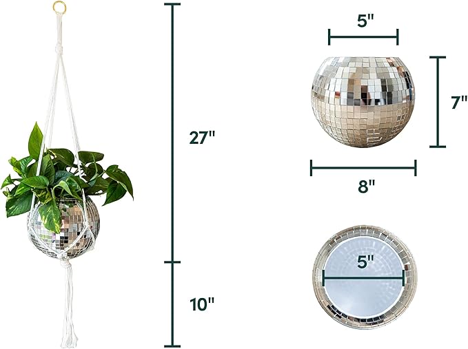 Hanging Disco Ball Planter 8" - with Acrylic Stand and Macrame Plant Hanger - Home Décor, Room Décor, Patio or Boho Décor, Mirror Disco Planter, Disco Decor (8" No Base)