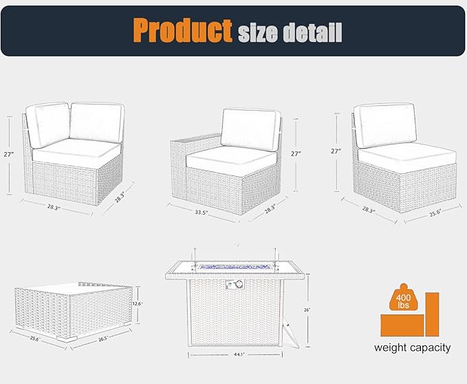 Patio Furniture Set with Fire Pit Table, 7 Pieces Outdoor All-Weather Wicker Conversation Sectional Chair Sofa Set