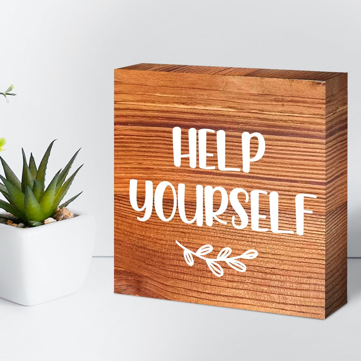 Help Yourself Brown Wood Block Sign Desk Decor,Rustic Wooden Box Plaque Sign for Home Bedroom Farmhouse Shelf Table Decor